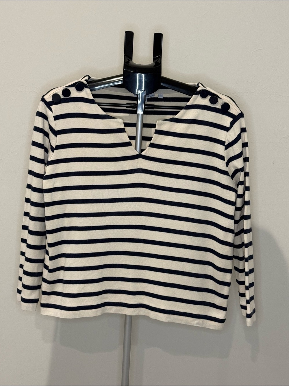 Chico's Navy & White Striped Long-Sleeve V-Notch Top with Shoulder Buttons